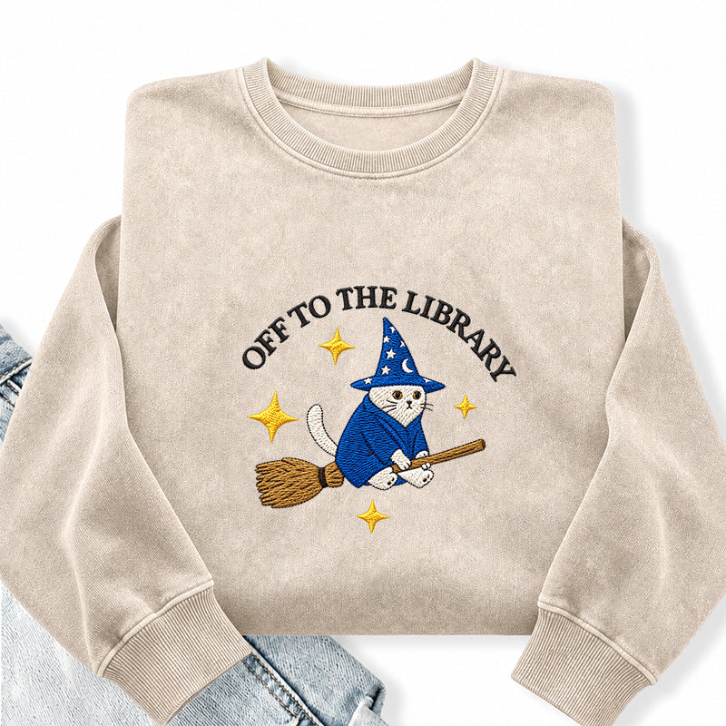Embroidered Cat Off To The Library Washed Crewneck Sweatshirt