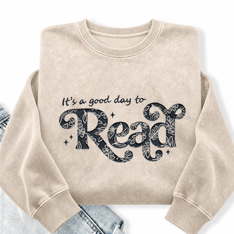 Embroidered Floral A Good Day To Read Washed Crewneck Sweatshirt