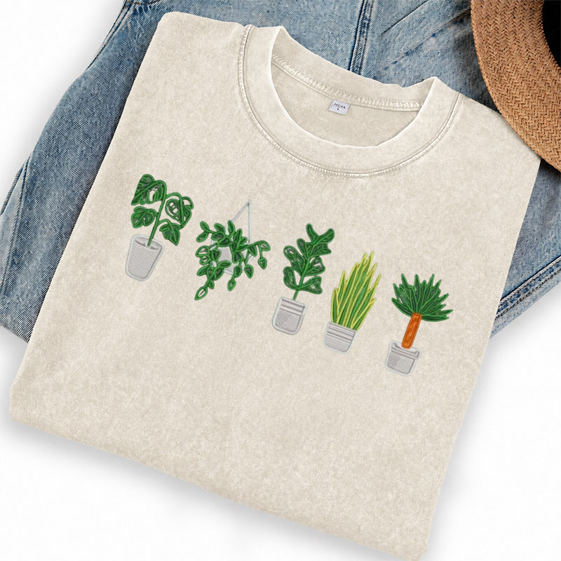 Embroidered Houseplant Washed Crew Neck T-Shirt