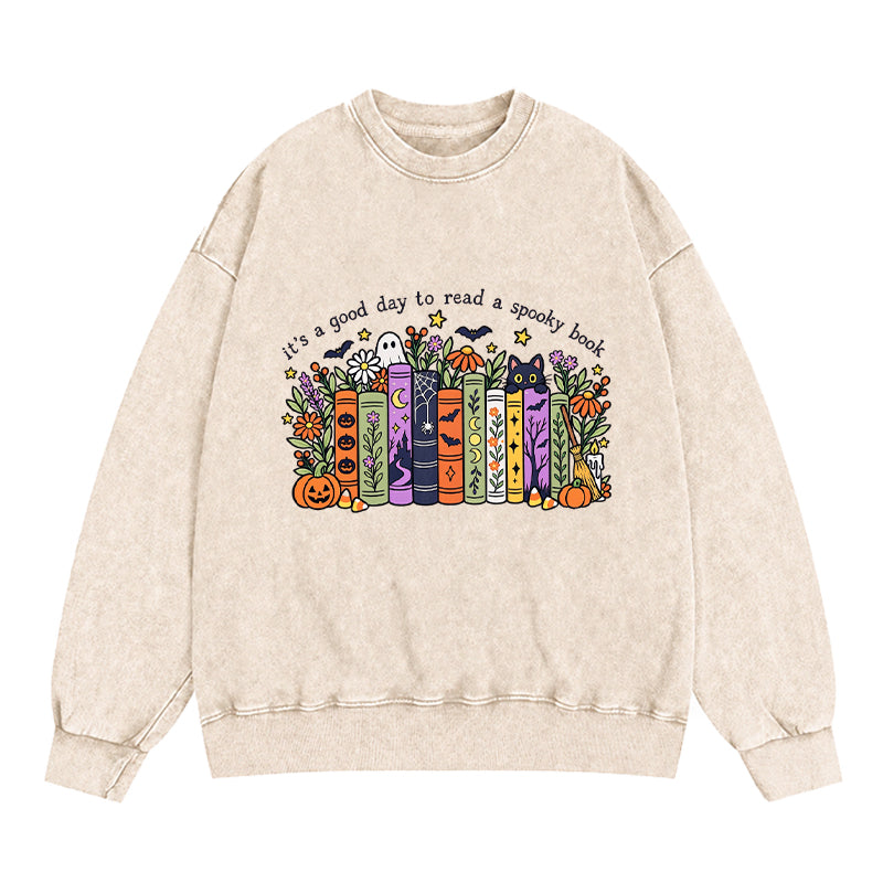 It's a Good Day to Read a Spooky Book Washed Crewneck Sweatshirt