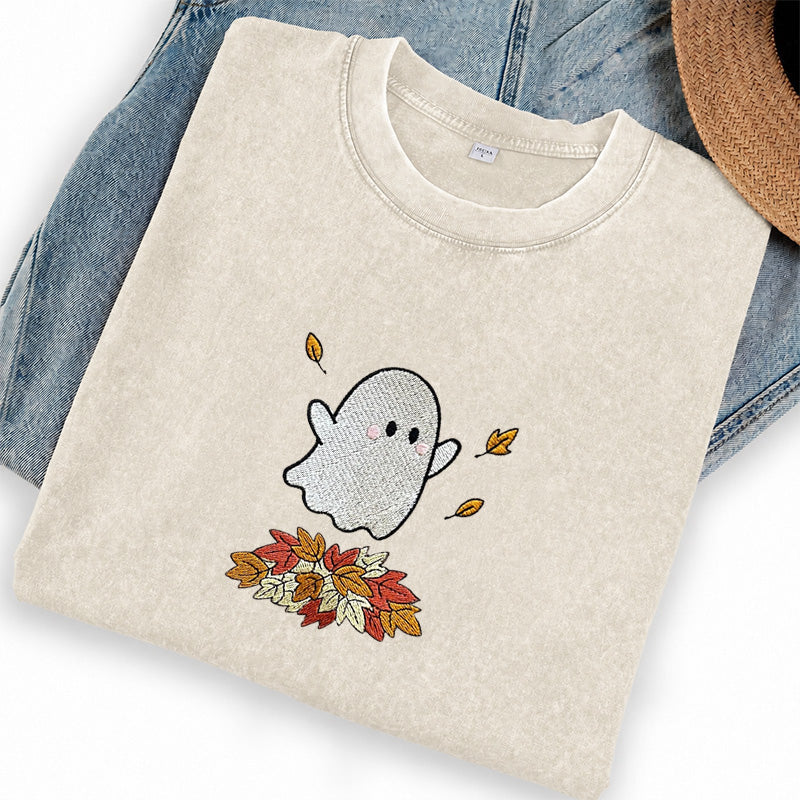 Embroidered Fall Ghost Washed Crew Neck T-Shirt