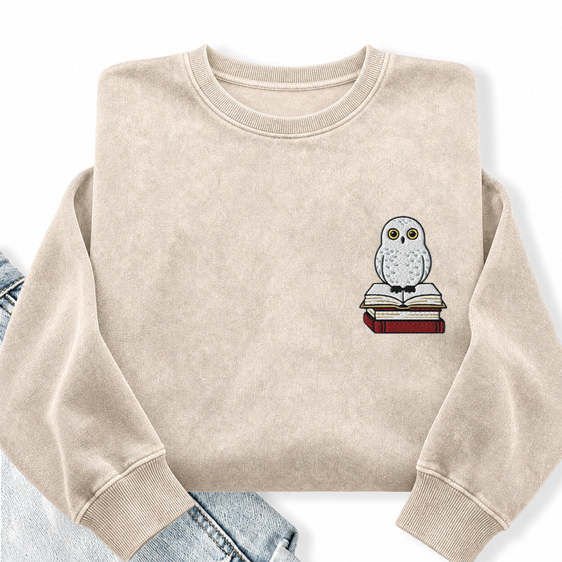 Embroidered Snow Owl On Bookstack Washed Crewneck Sweatshirt
