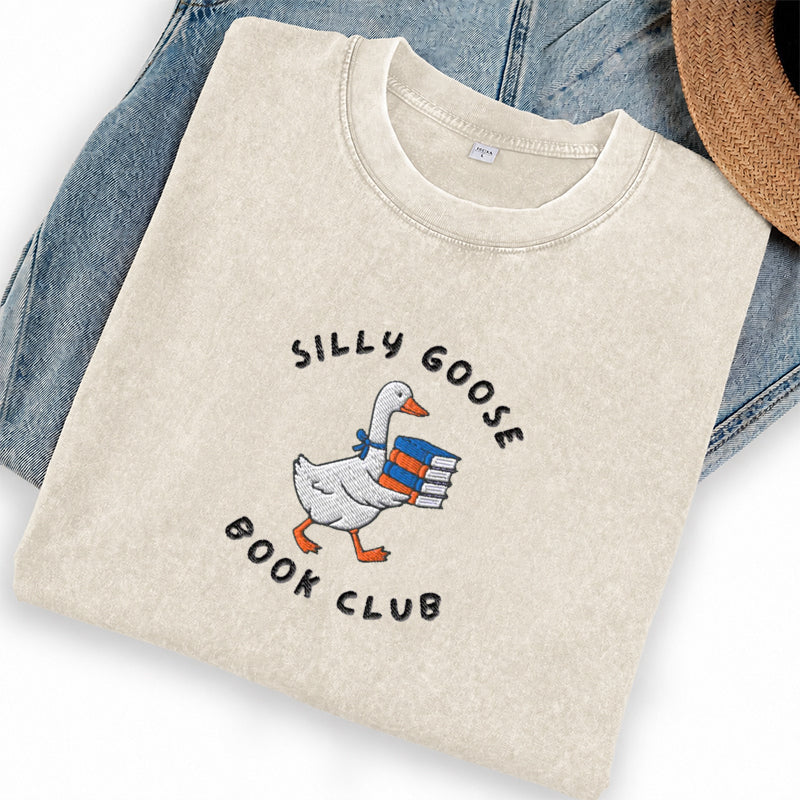Embroidered Silly Goose Book Club Washed Crew Neck T-Shirt