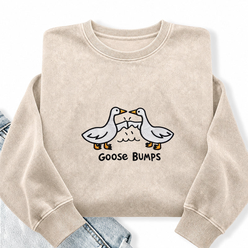 Embroidered Funny Goose Bumps Washed Crewneck Sweatshirt