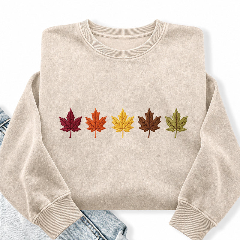 Embroidered Fall Maple Leaves Washed Crewneck Sweatshirt