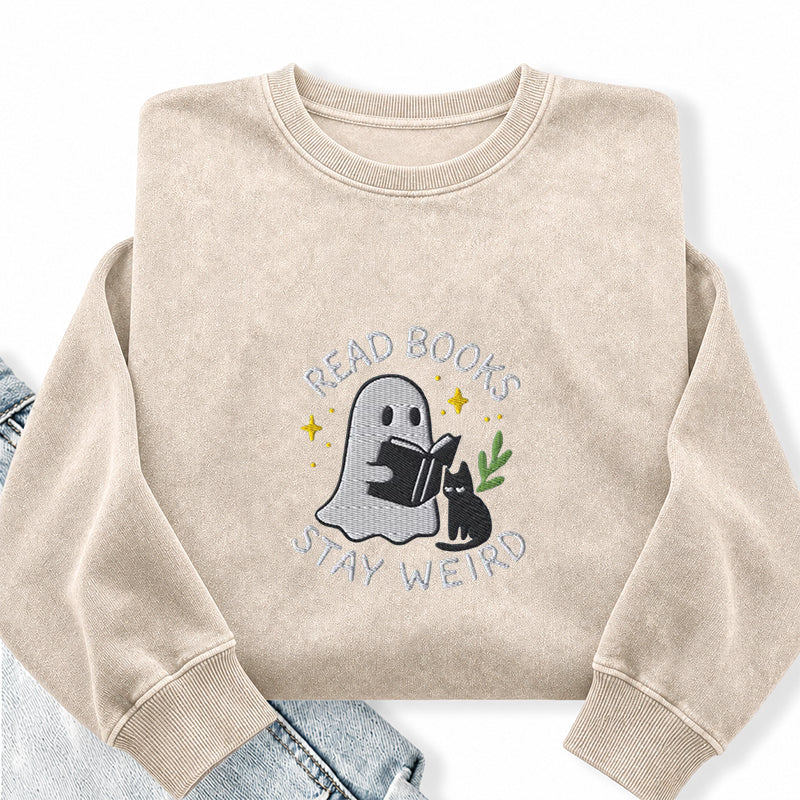 Embroidered Read Books Stay Weird Ghost Washed Crewneck Sweatshirt