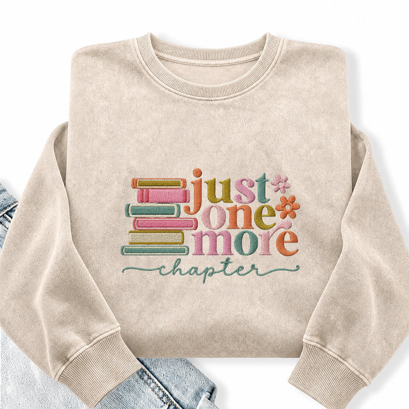 Embroidered Coloful Just One More Chapter Washed Crewneck Sweatshirt