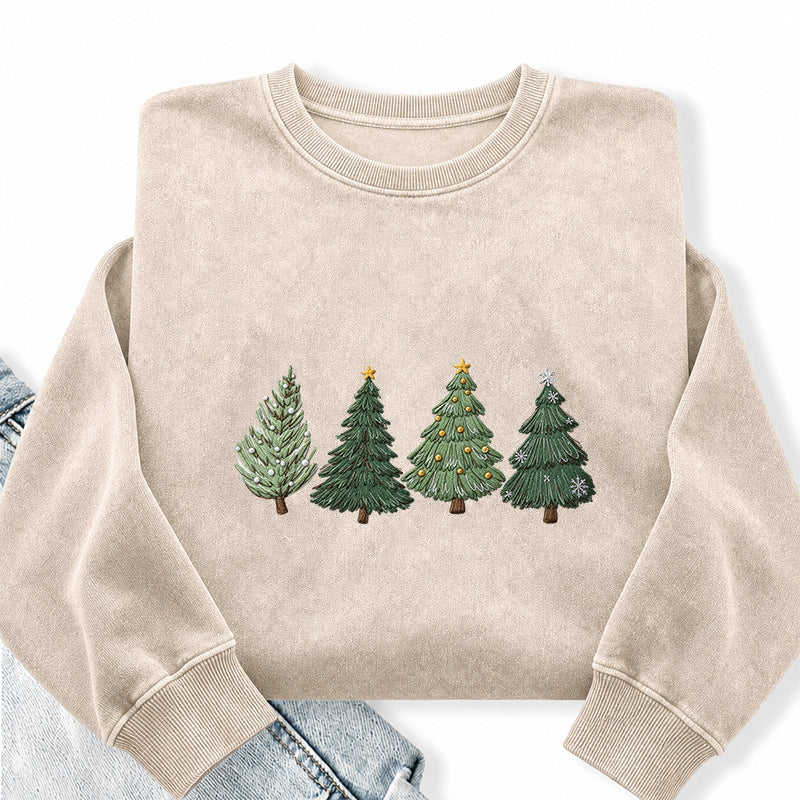 Embroidered Christmas Trees Washed Crewneck Sweatshirt