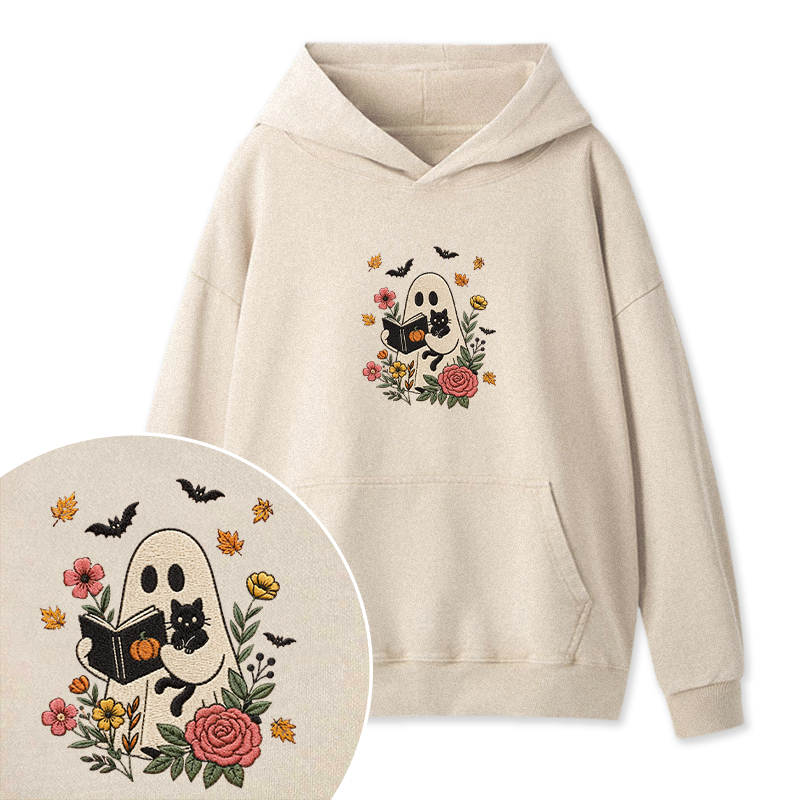 Embroidered Floral Ghost Reading Washed Hoodie