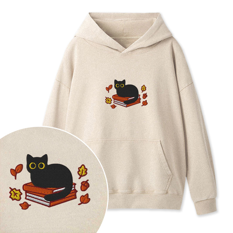 Embroidered Autumn Black Cat Book Washed Hoodie