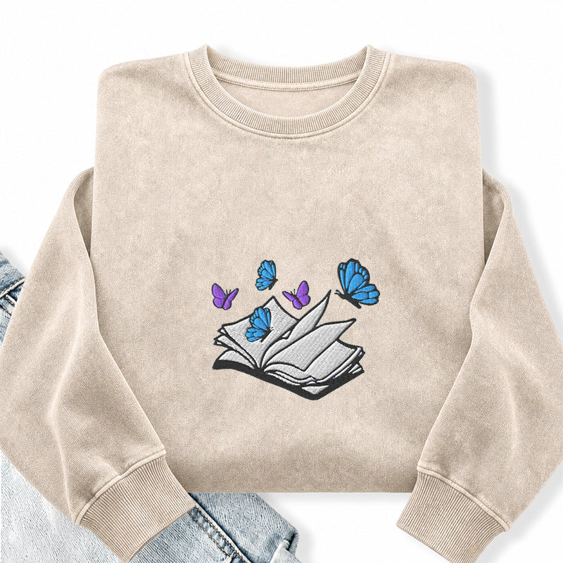Embroidered Open Book With Butterflies Washed Crewneck Sweatshirt