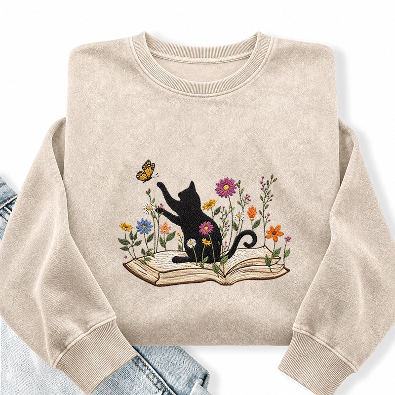 Embroidered Floral Book Cat Washed Crewneck Sweatshirt
