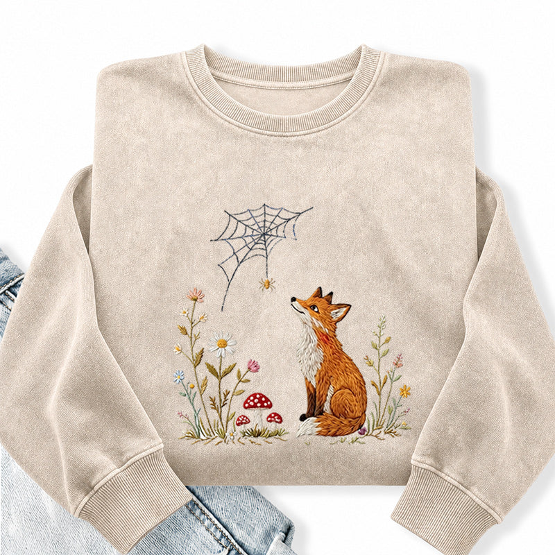 Embroidered Fox Cottagecore Washed Crewneck Sweatshirt