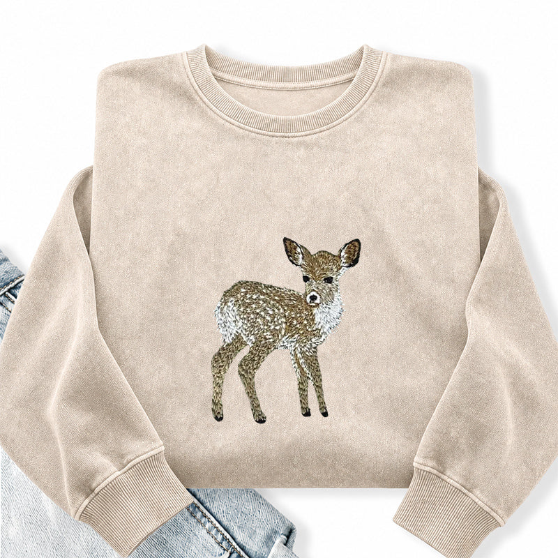 Embroidered Forest Deer Washed Crewneck Sweatshirt