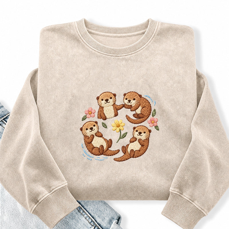 Embroidered Sea Otters And Flowers Washed Crewneck Sweatshirt