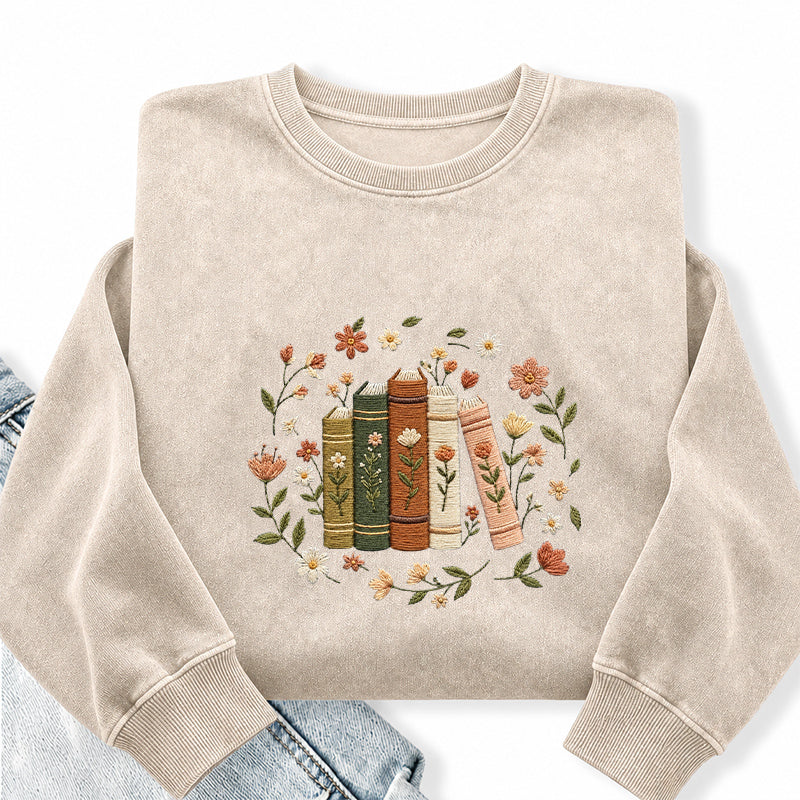 Embroidered Floral Book Stack Washed Crewneck Sweatshirt
