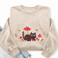 Embroidered Mushroom Cat Washed Crewneck Sweatshirt
