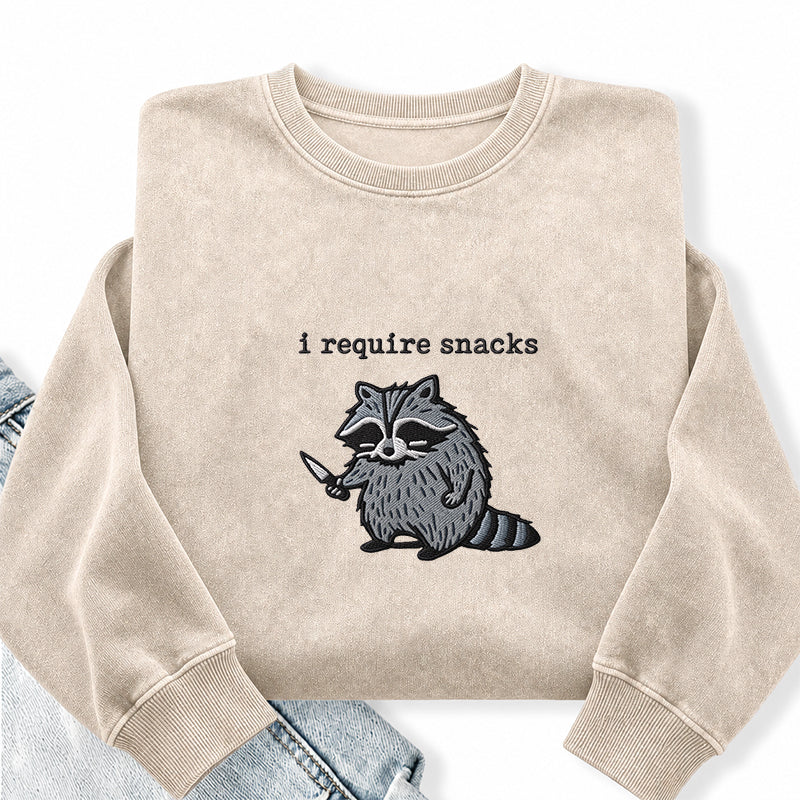 Embroidered Raccoon I Require Snacks Washed Crewneck Sweatshirt