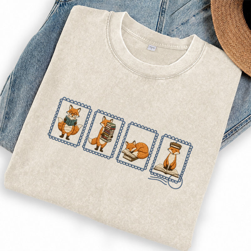 Embroidered Fox Reading Washed Crew Neck T-Shirt