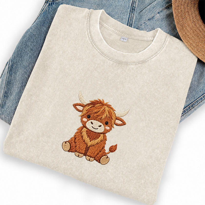 Embroidered Highland Cow Washed Crew Neck T-Shirt