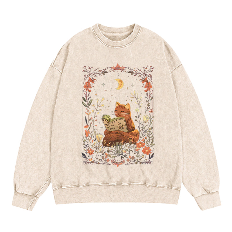 Cottagecore Cat Reading Book Washed Crewneck Sweatshirt
