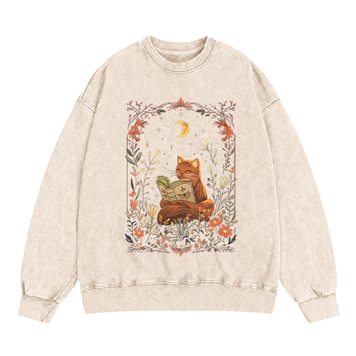 Cottagecore Cat Reading Book Washed Crewneck Sweatshirt