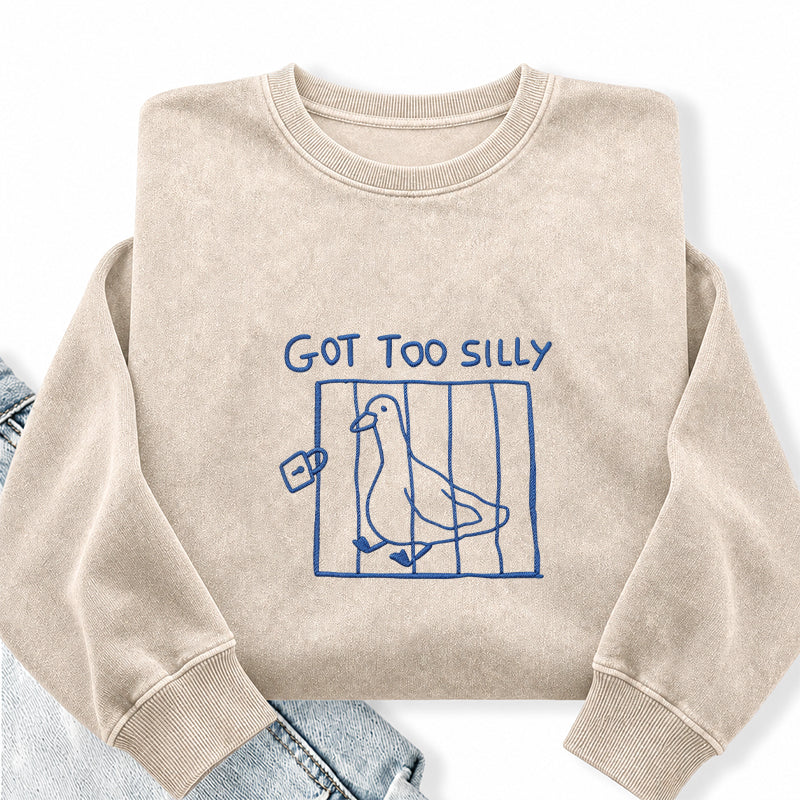 Embroidered Goose Got Too Silly Washed Crewneck Sweatshirt