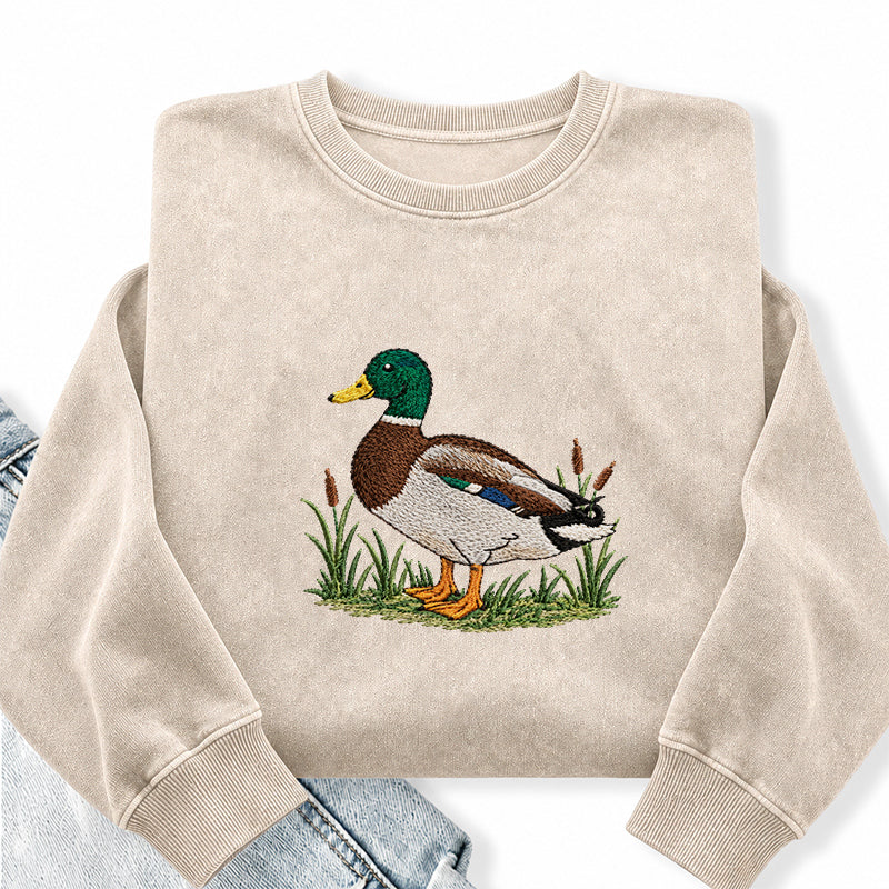 Embroidered Mallard Duck Washed Crewneck Sweatshirt