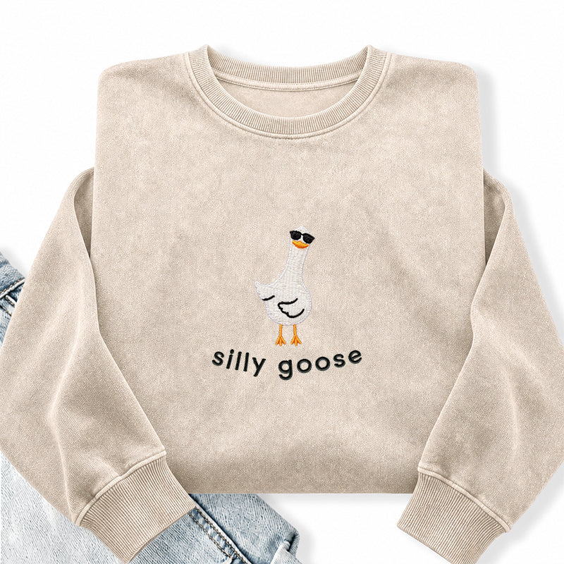 Embroidered Funny Silly Goose Washed Crewneck Sweatshirt