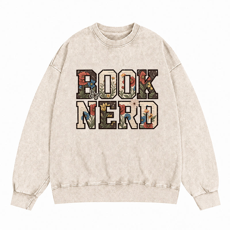 Retro Book Nerd Reading Washed Crewneck Sweatshirt