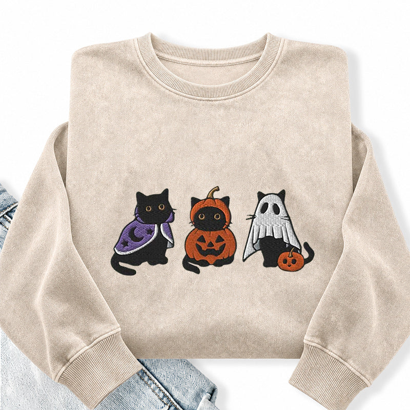 Embroidered Funny Halloween Black Cats Washed Crewneck Sweatshirt