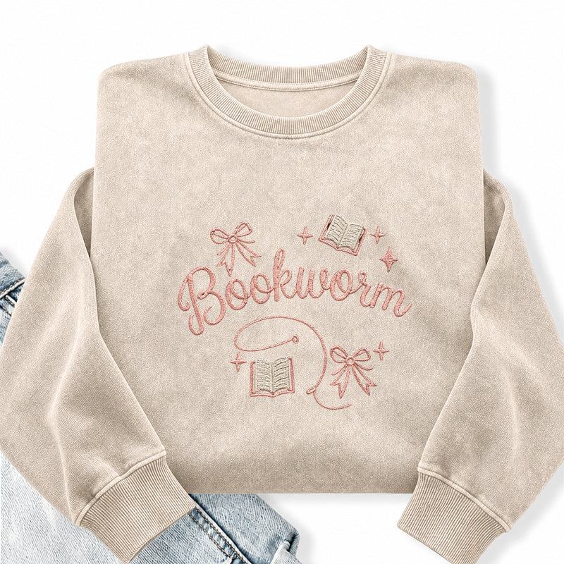 Embroidered Funny Bookworm Washed Crewneck Sweatshirt