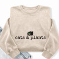 Embroidered Cat and Plants Washed Crewneck Sweatshirt