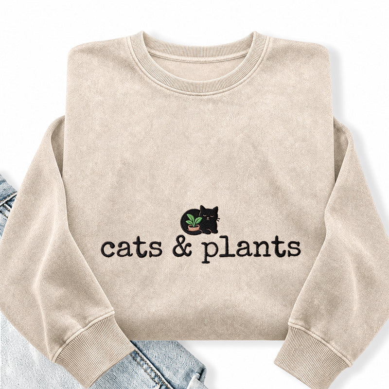 Embroidered Cat and Plants Washed Crewneck Sweatshirt
