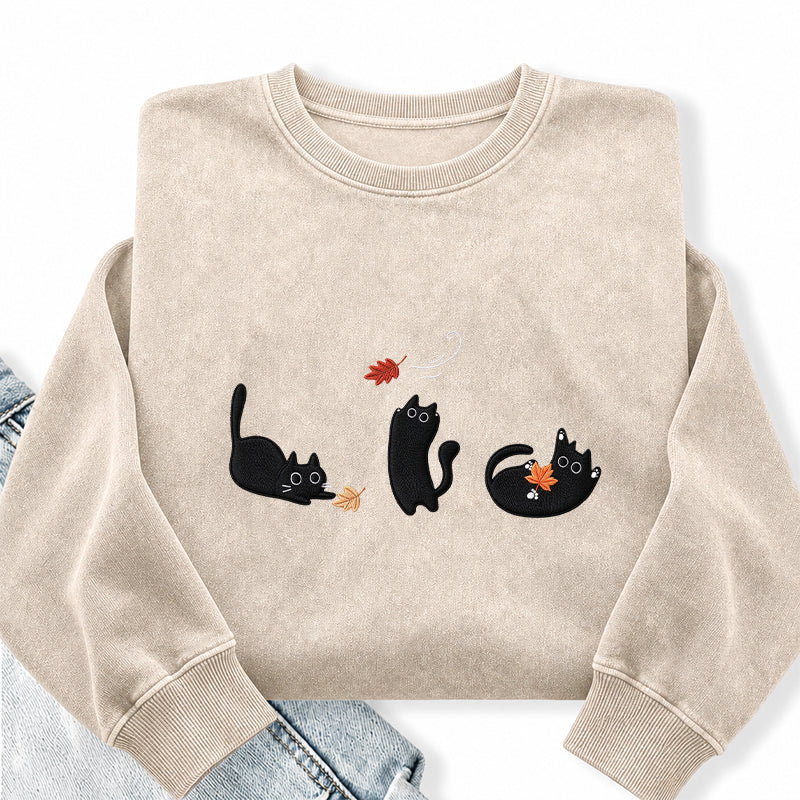 Embroidered Black Cats and Fall Leaves Washed Crewneck Sweatshirt