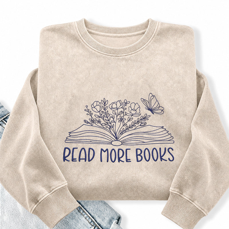 Embroidered Floral Read More Books Washed Crewneck Sweatshirt