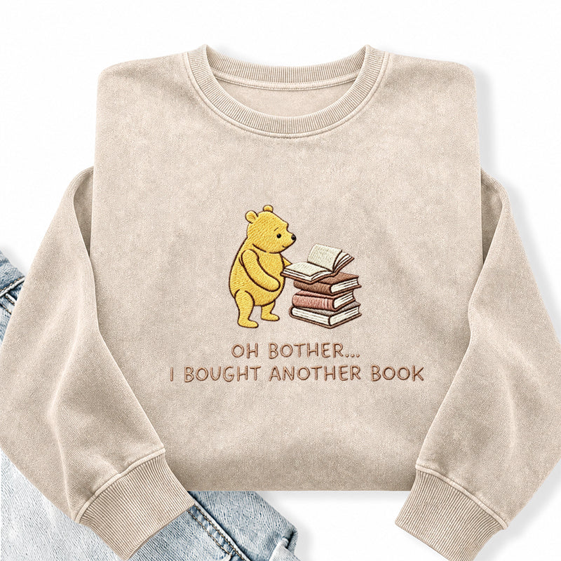 Embroidered Funny Bear Reading Books Washed Crewneck Sweatshirt