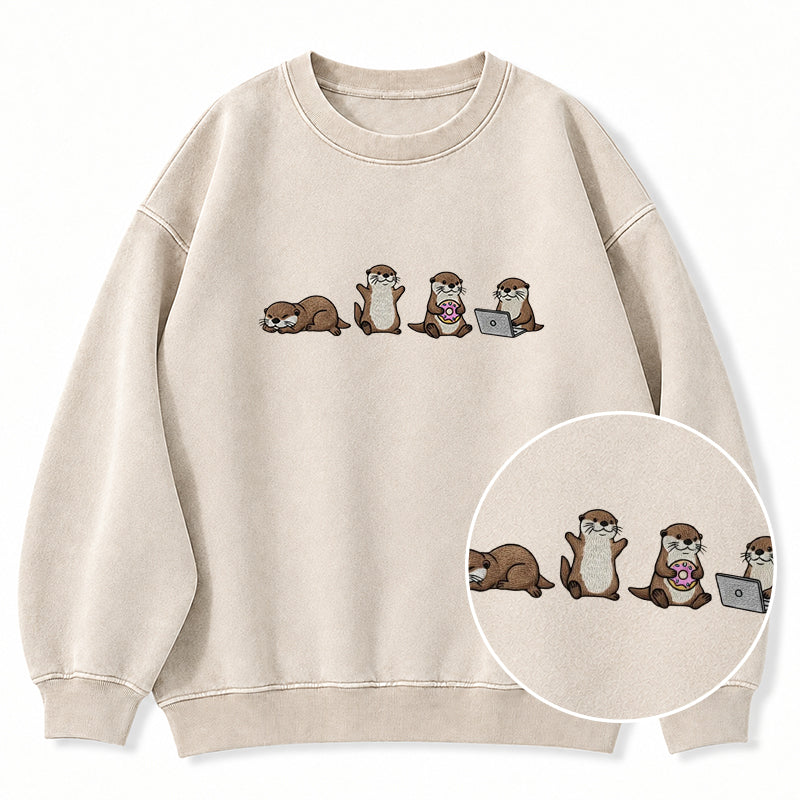Embroidered Sea Otters Washed Crewneck Sweatshirt