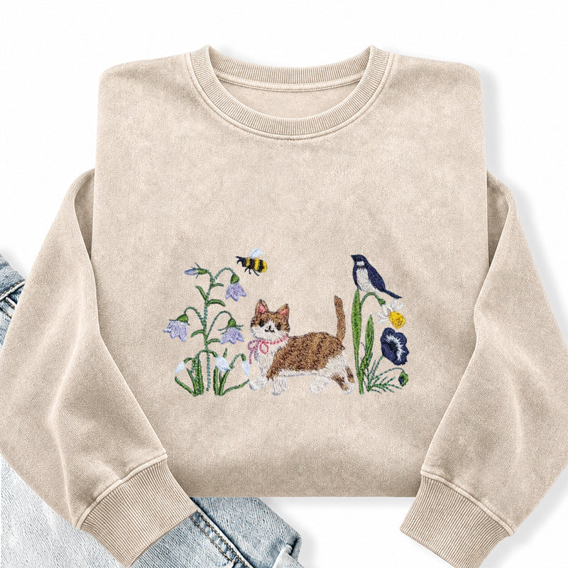 Embroidered Cat Wild Flower Washed Crewneck Sweatshirt