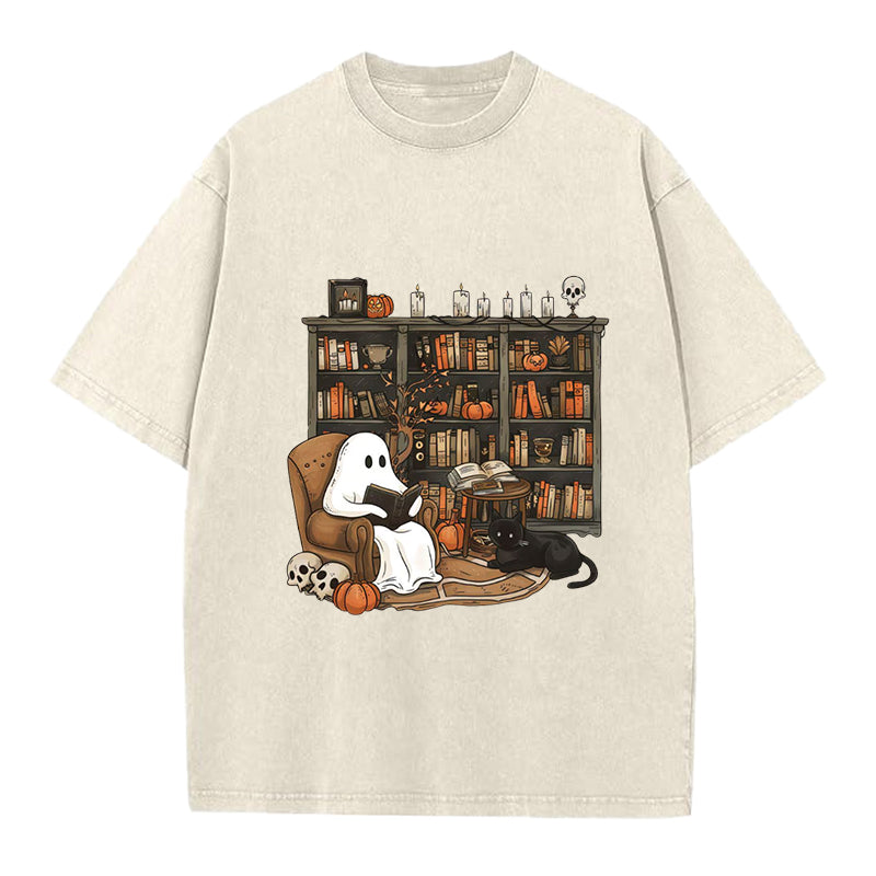 Retro Ghost Reading Washed Crew Neck T-Shirt