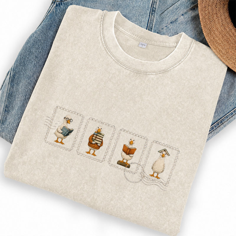 Embroidered Silly Goose Reading Washed Crew Neck T-Shirt
