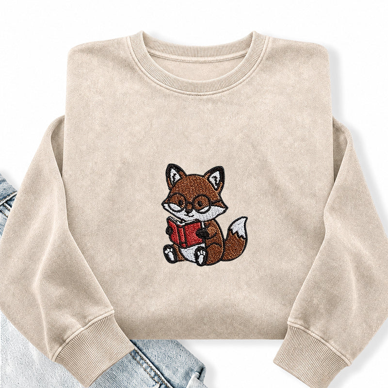 Embroidered Reading Fox Washed Crewneck Sweatshirt