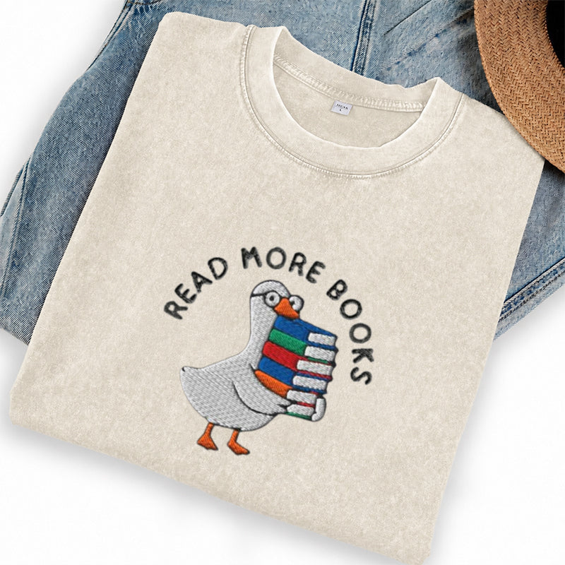Embroidered Goose Read More Books Washed Crew Neck T-Shirt