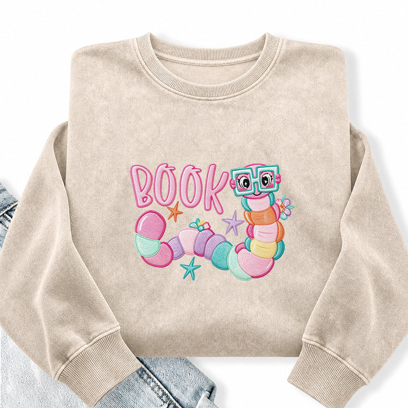 Embroidered Reading Book Worm Washed Crewneck Sweatshirt