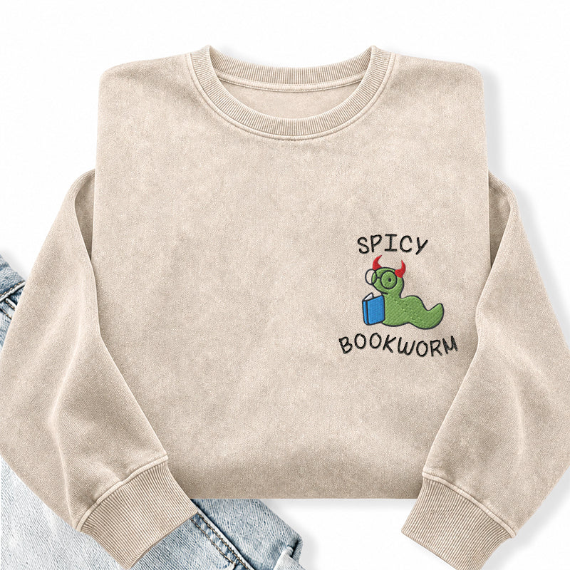 Embroidered Spicy Bookworm Washed Crewneck Sweatshirt