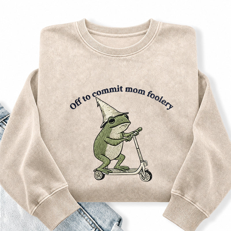 Embroidered Off To Commit Mom Foolery Washed Crewneck Sweatshirt