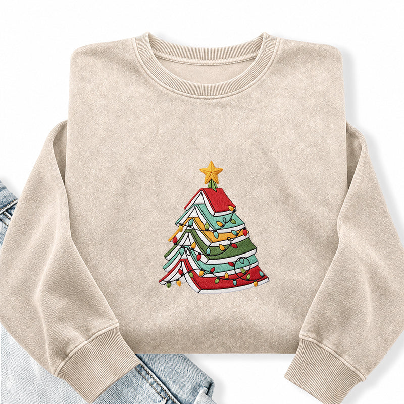 Embroidered Book Christmas Tree Washed Crewneck Sweatshirt