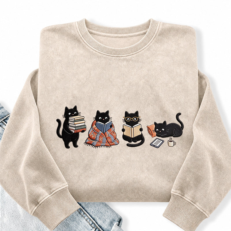 Embroidered Reading Black Cat Washed Crewneck Sweatshirt