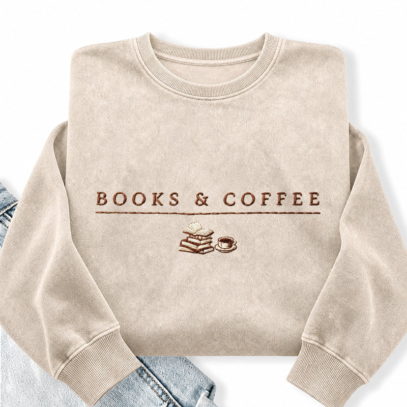 Embroidered Book & Coffee Washed Crewneck Sweatshirt