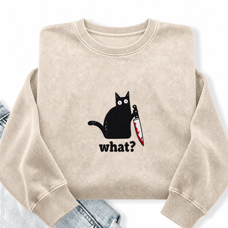 Embroidered Black Cat What Washed Crewneck Sweatshirt